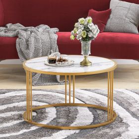 Slate/Sintered stone round coffee table with golden stainless steel frame - golden