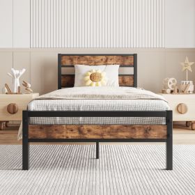 Twin Size Platform Bed Frame with Rustic Vintage Wood Headboard, Strong Metal Slats Support, No Box Spring Needed - Twin