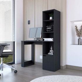 Office Desk Aragon with Four-Tier Bookcase and Lower Cabinet, Black Wengue Finish - Black