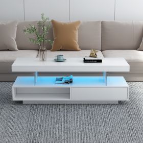 LED Coffee Table with Storage, Modern Center Table with 2 Drawers and Display Shelves, Accent Furniture with LED Lights for Living Room - White