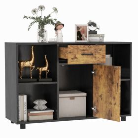 48 Inch Industrial Buffet Sideboard with 4 Open Cubbies - Rustic brown and black