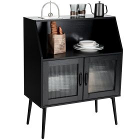 Kitchen Sideboard Buffet with Open Cubby and 2 Glass Doors - Black