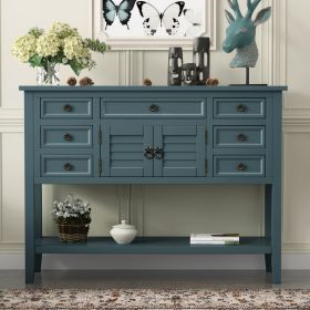 44.5'' Modern Console Table Sofa Table for Living Room with 7 Drawers, 1 Cabinet and 1 Shelf - Blue