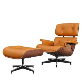 Large Version Genuine Leather Lounge Chair Club Seat Armchair Ottoman 8 Layer Plywood Frame Living Room Furniture - Pro Orange Walnut -XL