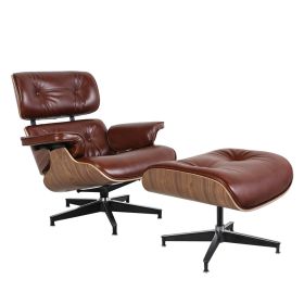 Aniline leather Club Seat armchair 8 layer plywood frame lounge chair with ottoman - Walnut retro brown aniline leather