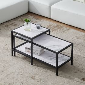Modern Nesting coffee table Square & rectangle,Black metal frame with wood marble color top - as picture