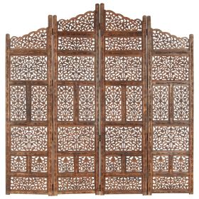 Hand carved 4-Panel Room Divider Brown 63"x65" Solid Mango Wood - Brown