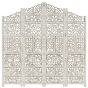 Hand carved 4-Panel Room Divider White 63"x65" Solid Mango Wood - White