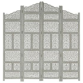 Hand carved 4-Panel Room Divider Gray 63"x65" Solid Mango Wood - Grey