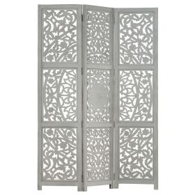 Hand carved 3-Panel Room Divider Gray 47.2"x65" Solid Mango Wood - Grey