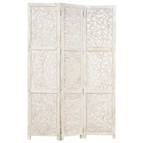 Hand carved 3-Panel Room Divider White 47.2"x65" Solid Mango Wood - White