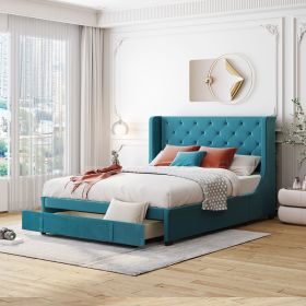 Queen Size Storage Bed Velvet Upholstered Platform Bed with Wingback Headboard and a Big Drawer (Blue) - pic