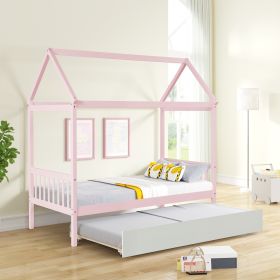 Solid Wood Twin House Bed Frame with Twin Size Trundle For Warm Pink Color, No Box Spring Needed - as pic