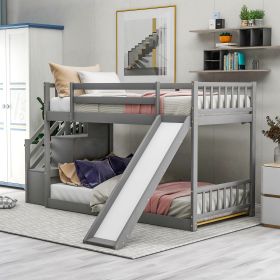 Twin over Twin Bunk Bed with Convertible Slide and Stairway, Gray - as pic