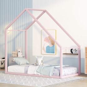 Twin Size Metal House Bed Kids Bed, Pink - as pic