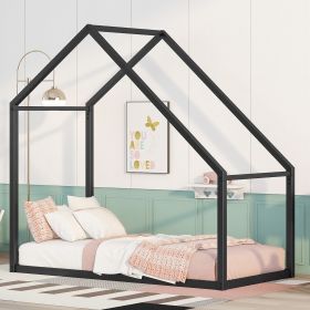 Twin Size Metal House Bed Kids Bed, Black - as pic