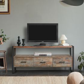 60 inch Reclaimed wood Media TV Console table with 3 Drarwer; Open Shelf; Antique finish - pic