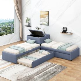 L-shaped Upholstered Platform Bed with Trundle and Two Drawers Linked with built-in Desk; Twin; Gray - as pic