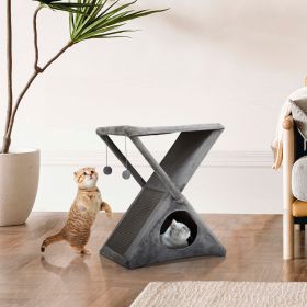 Folding Cat Tower Tree, 2-Tier Pet House with Scratching Pad, Cat Nest Hammock for Small to Middle Kitten - Gray XH - Grey