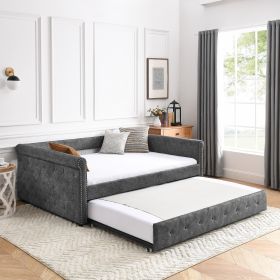 Daybed with Trundle Upholstered Tufted Sofa Bed, with Button and Copper Nail on Arms,Full Daybed & Twin Trundle, Grey(85.5"x57"x30.5") - as Pic