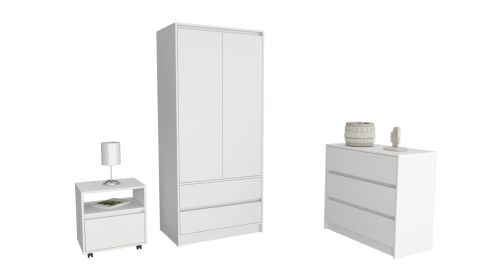 Beloit 3 Piece Bedroom Set, Nightstand + Dresser+ Armoire, White - as Pic