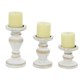 DecMode Farmhouse White Washed Wooden Curved Pillar Candle Holders Set of 3, 8", 6", 4"H Natural Distressed Finish - DecMode