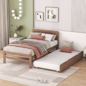 Modern Design Wooden Twin Size Platform Bed Frame with Trundle for Walnut Color - as Pic