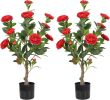 2 PCS Artificial Flower Plants, 30 Inch Artificial Camellia Built-in Black Pot Outdoor Decor - Red