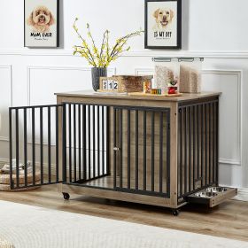 Furniture Style Dog Crate Side Table With Feeding Bowl, Wheels, Three Doors, Flip-Up Top Opening. Indoor, Grey, 43.7"W x 30"D x 33.7"H - as Pic