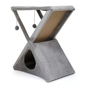 Folding Cat Tower Tree, 2-Tier Pet House with Scratching Pad, Cat Nest Hammock for Small to Middle Kitten - Gray - as Pic