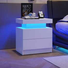Nightstand LED Bedside Table Cabinet Lights Modern End Side with 2 Drawers for Bedroom (White) - as Pic