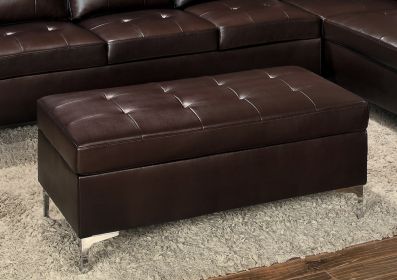 Contemporary Brown Tufted Top 1pc Ottoman Faux Leather Upholstered Solid Wood Frame Living Room Furniture Silver Metal Legs - as Pic