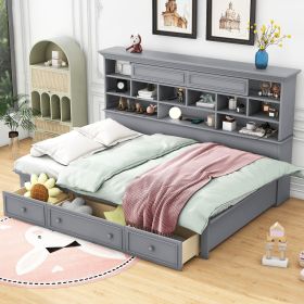 Twin Size Wood Daybed with Multi-Storage Shelves, Charging Station and 3 Drawers, Gray - as Pic