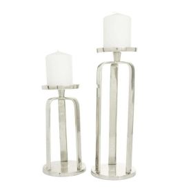 CosmoLiving by Cosmopolitan 2 Candle Silver Aluminum Geometric Pillar Candle Holder, Set of 2 - CosmoLiving by Cosmopolitan