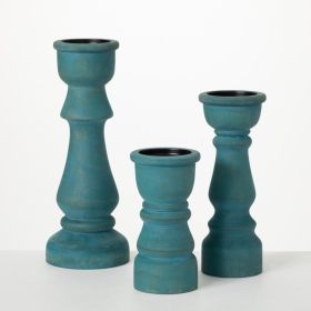 Sullivans Turquoise Wood Pillar Candle Holders Set of 3, 13.25"H, 10"H & 7.5"H Multicolored - Sullivans