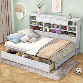 Twin Size Wood Daybed with Multi-Storage Shelves, Charging Station and 3 Drawers, Antique White - as Pic