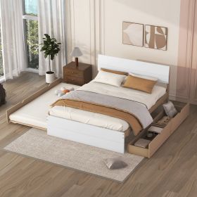 Modern Full Bed Frame With Twin Size Trundle And 2 Drawers For White High Gloss With Light Oak Color - as Pic
