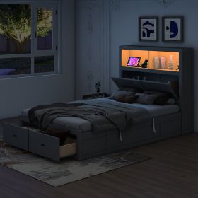 Wood Full Size Hydraulic Platform Bed with Storage LED Headboard, Charging Station and 2 Drawers, Gray - as Pic