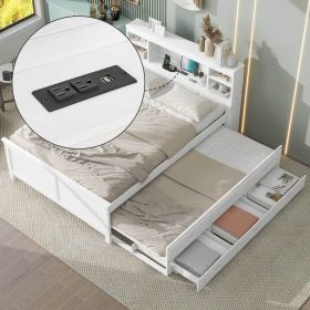 Full Size Platform Bed with Storage Headboard, USB, Twin Size Trundle and 3 Drawers, White - as Pic