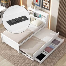 Twin Size Platform Bed with Storage Headboard, USB, Twin Size Trundle and 3 Drawers, White - as Pic