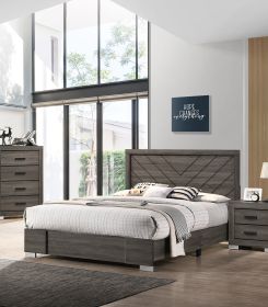 Contemporary Grey Finish Unique King Size Bed 1pc Bedroom Furniture Unique Lines Headboard Wooden - as Pic