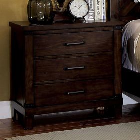 Rustic Style Dark Walnut Finish 1pc Nightstand Bedroom Furniture Solid wood 3-Drawers bedside Table Black Bar Pulls - as Pic