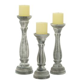 DecMode Traditional Gray Carved Wood Candle Holder with Whitewashed Finish, Set of 3 15", 13", 11"H - DecMode