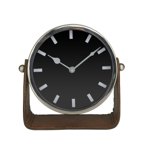 DecMode Stainless Steel Modern Round Decorative Desk Clock 7"W x 7"H, with Metallic Silver and Leathery Brown Stand - DecMode