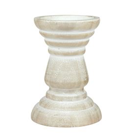 Stonebriar Tabletop 6" Coastal Wood Pillar Candle Holder, Off-White - STONEBRIAR
