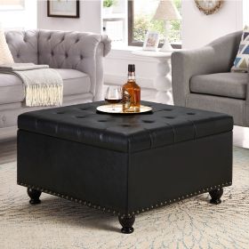 Large square storage ottoman with wooden legs, Upholstered button tufted coffee table with nail trims for Living Space, Black - as Pic