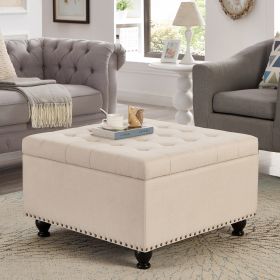Large square storage ottoman with wooden legs, Upholstered button tufted coffee table with nail trims for Living Space,Beige - as Pic