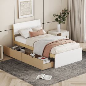 Modern Twin Bed Frame With 2 Drawers For White High Gloss Headboard and Footboard With Light Oak Color - as Pic