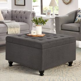 Large square storage ottoman with wooden legs, Upholstered button tufted coffee table with nail trims for Living Space,Dark Grey - as Pic