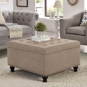 Large square storage ottoman with wooden legs, Upholstered button tufted coffee table with nail trims for for Living Space,Linen - as Pic